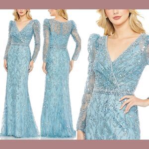 NWT $898 Mac Duggal [ 12 ] V‎ Neck Full Sleeve Sequin Embellished Gown Aqua Blue